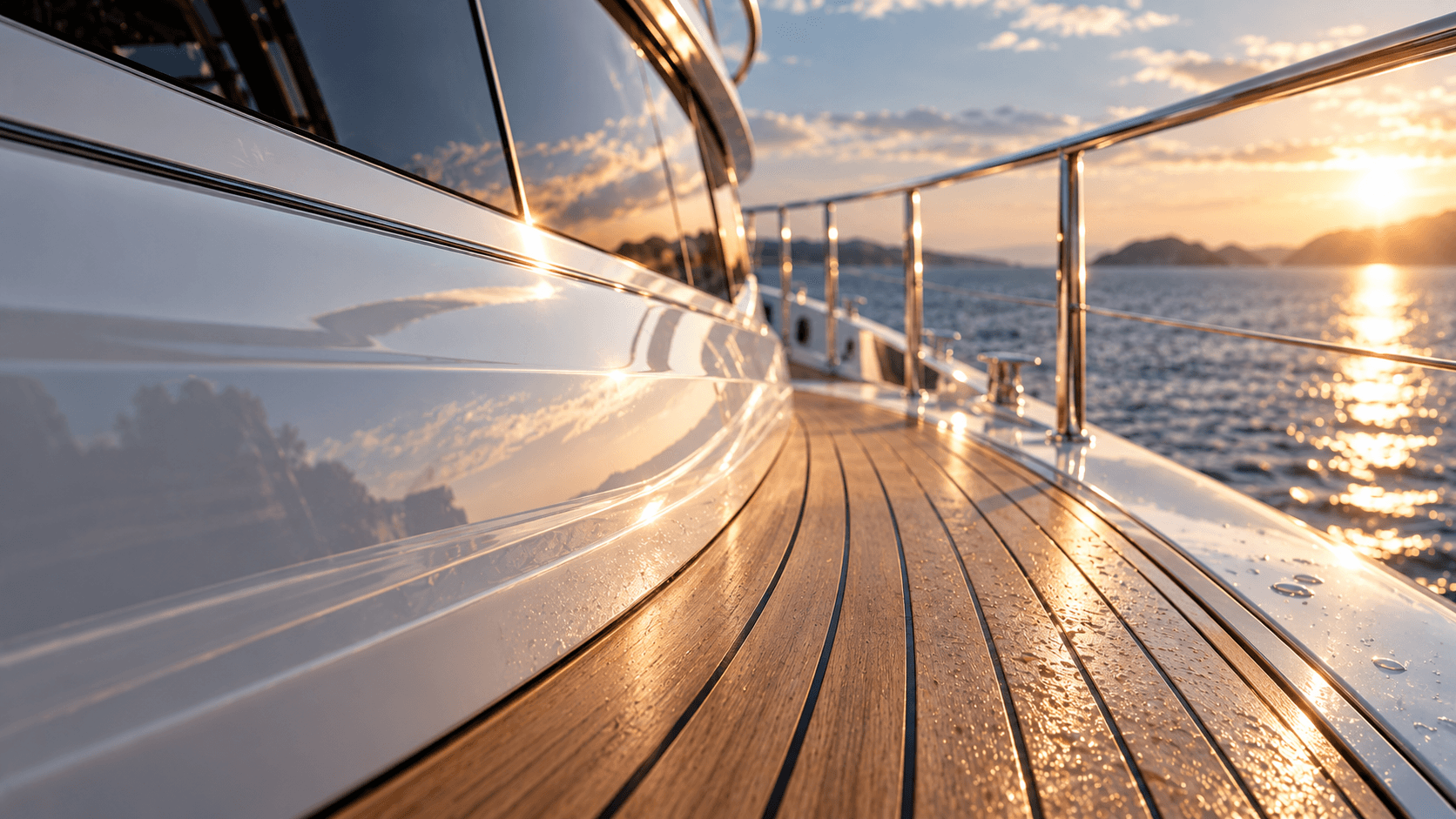 Visible premium yacht surfaces with teak deck, coating and metal in warm evening light