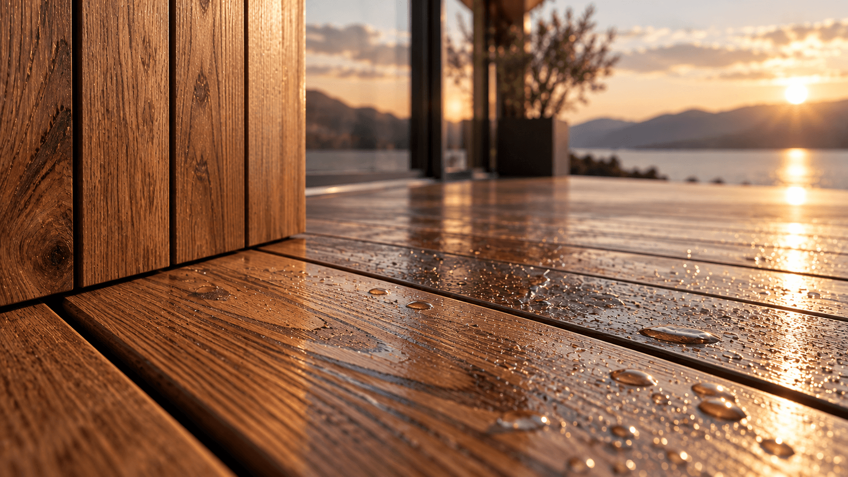 High-quality natural timber surface with visible grain and water droplets in warm evening light