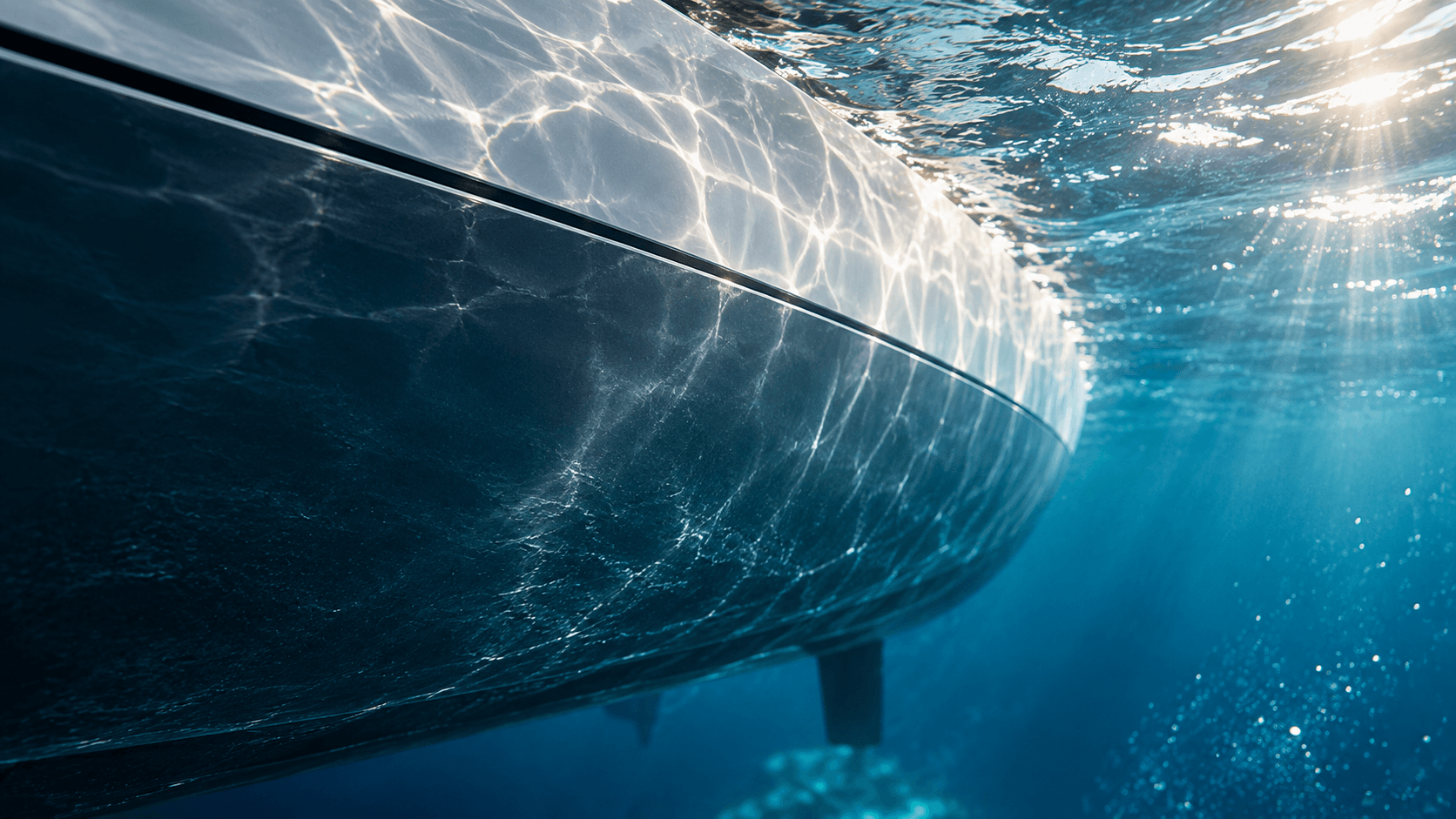 Defined underwater hull surface with light reflections in the water