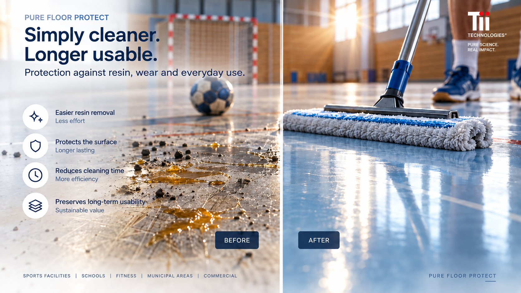 Illustrative before-and-after application visual for SPORTS HALLS