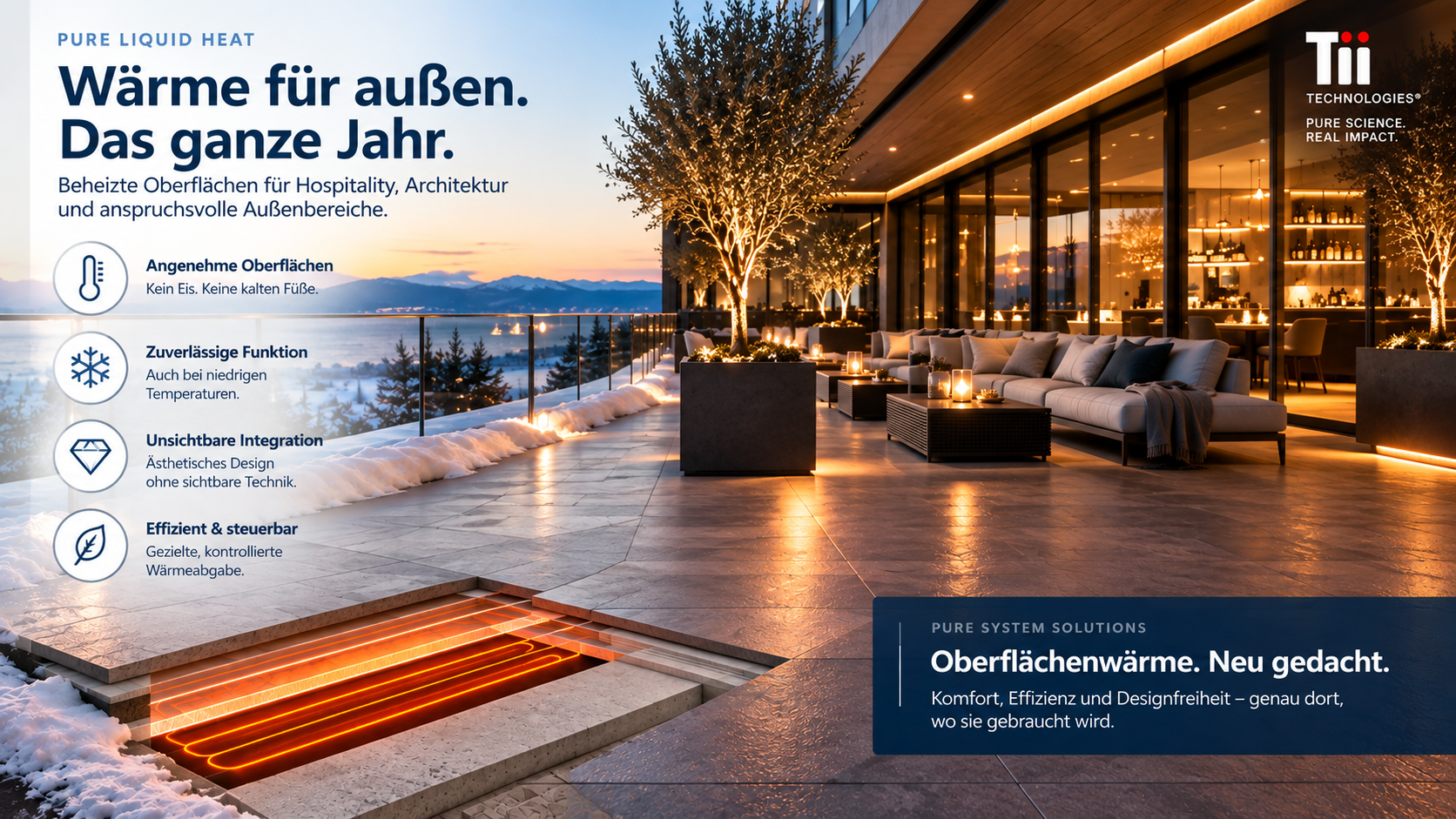 PURE LIQUID HEAT Anwendungskonzept für Außenbereich und Hospitality